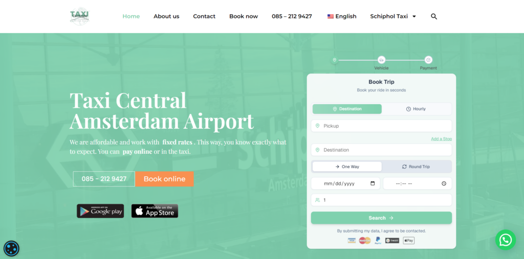 Taxi Central Amsterdam Airport homepage